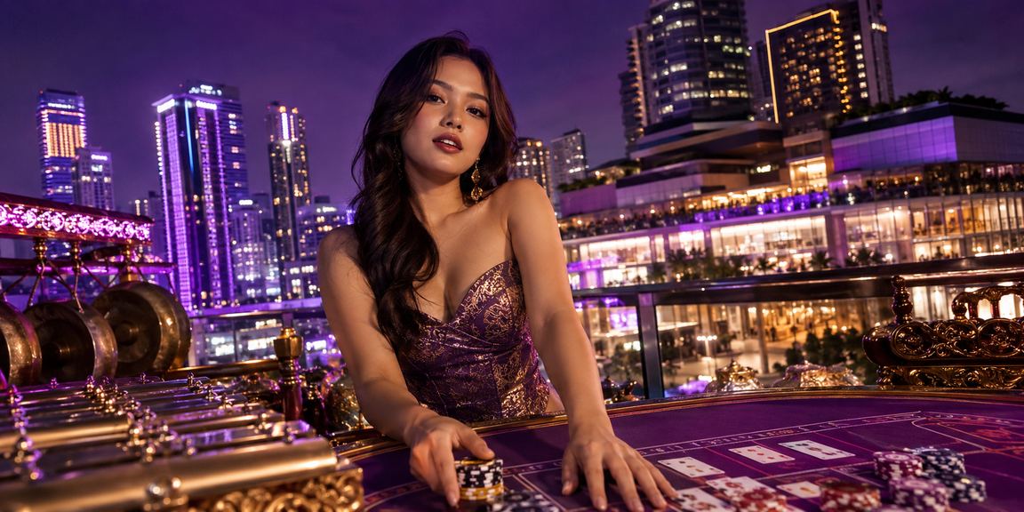 Meja baccarat dengan lampu neon berwarna dan atmosfer casino yang elegan malam hari