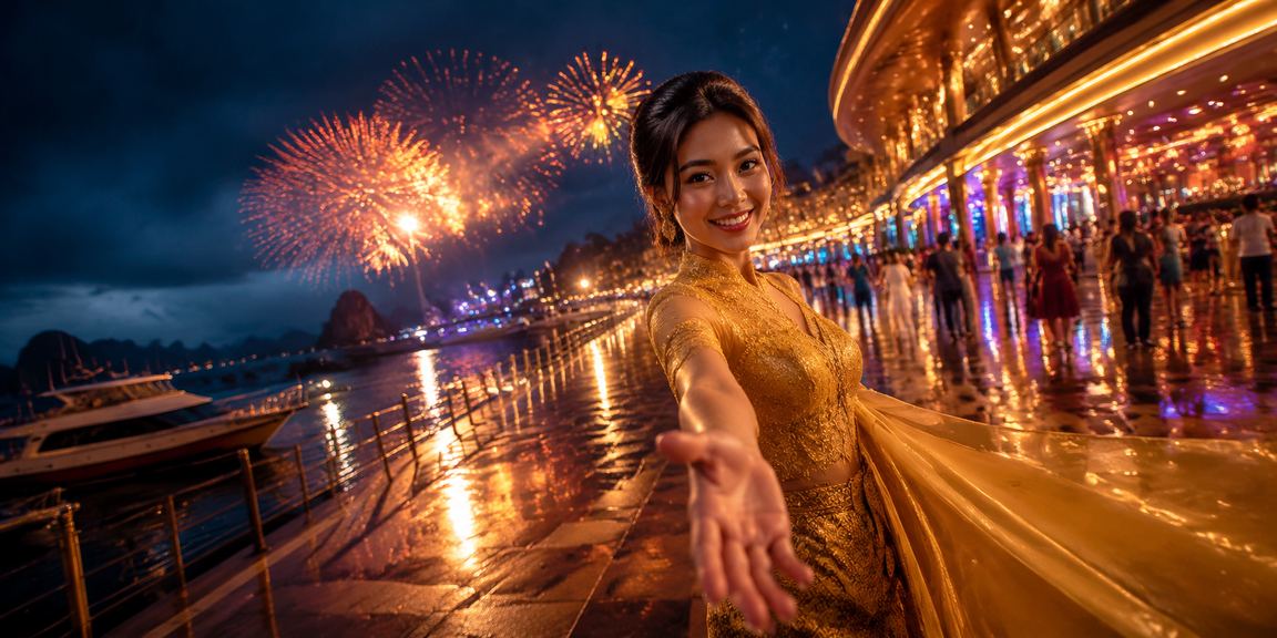 Hiburan casino di festival Vietnam dengan pencahayaan malam yang berwarna