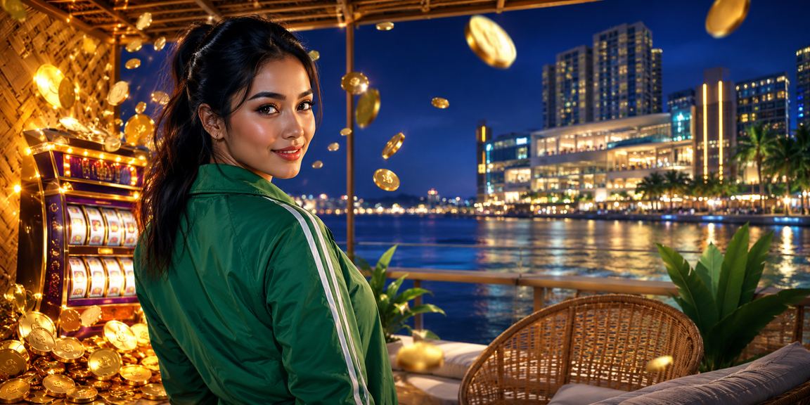 Permainan slot jackpot dengan latar pantai tropis yang cerah dan meriah